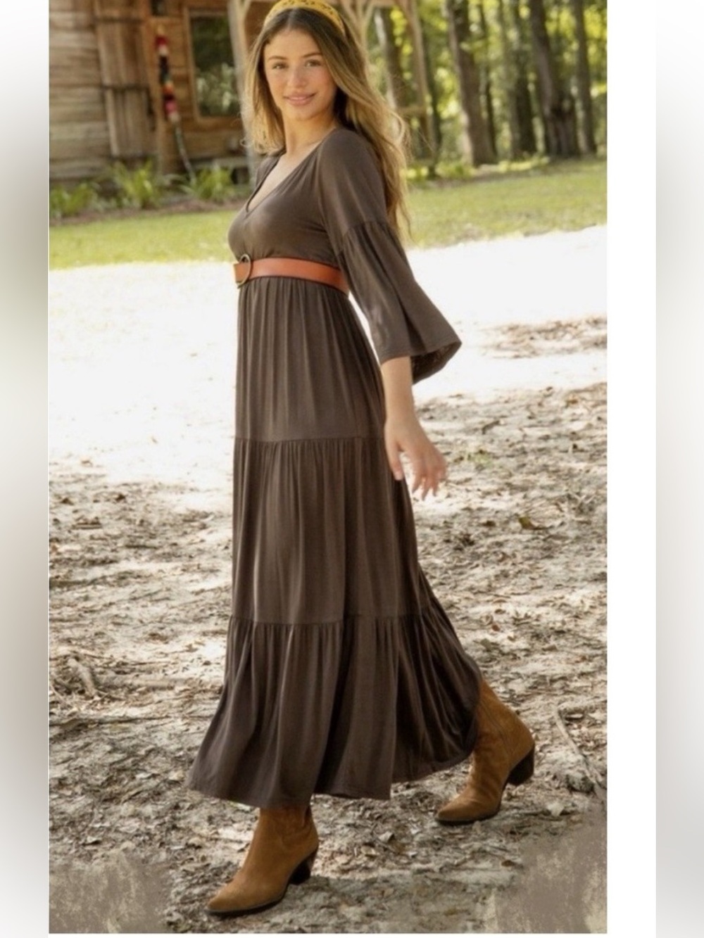 Natural Life Charlotte Tiered Bell Sleeve Maxi Dress; Espresso (Brown)